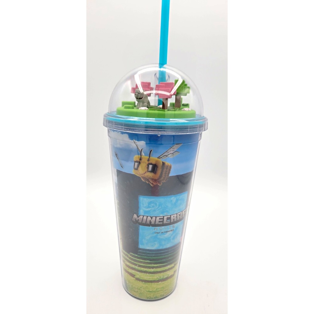 Minecraft Movie Promotional Plastic Tumbler Cup w/ Dome Lid & Straw 3D Figures